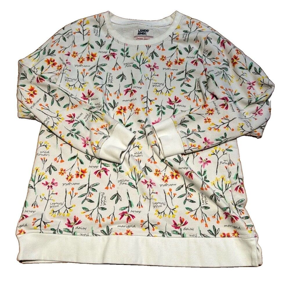 Lands End Womens Sweatshirt Pullover Floral Flower Feminine Vintage Inspired Med